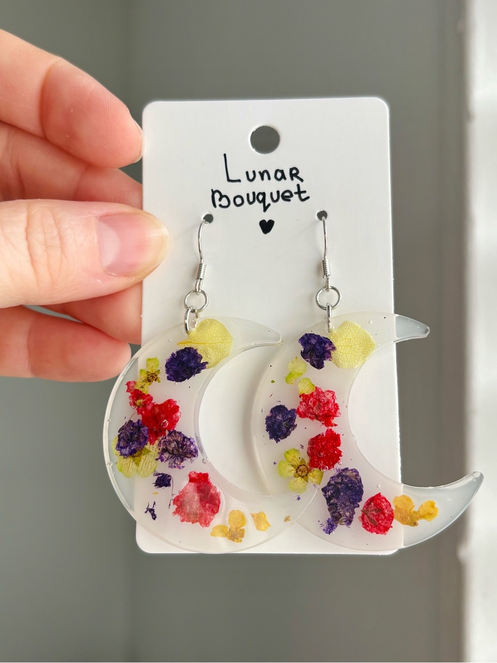 Lunar Bouquet Resin Moon Earrings Handmade Real Pressed Flowers Floral Dangle